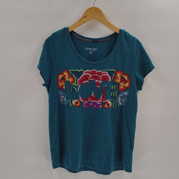 Soft Surroundings embroidered Tee size Medium Green Short Sleeve LOVE - Picture 1 of 6